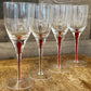 Set of 4 red teardrop long stem clear glass wine glasses