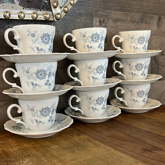 Christina Porcelain Bavarian Blue Seldmann Welden teacups and saucers - set of 9