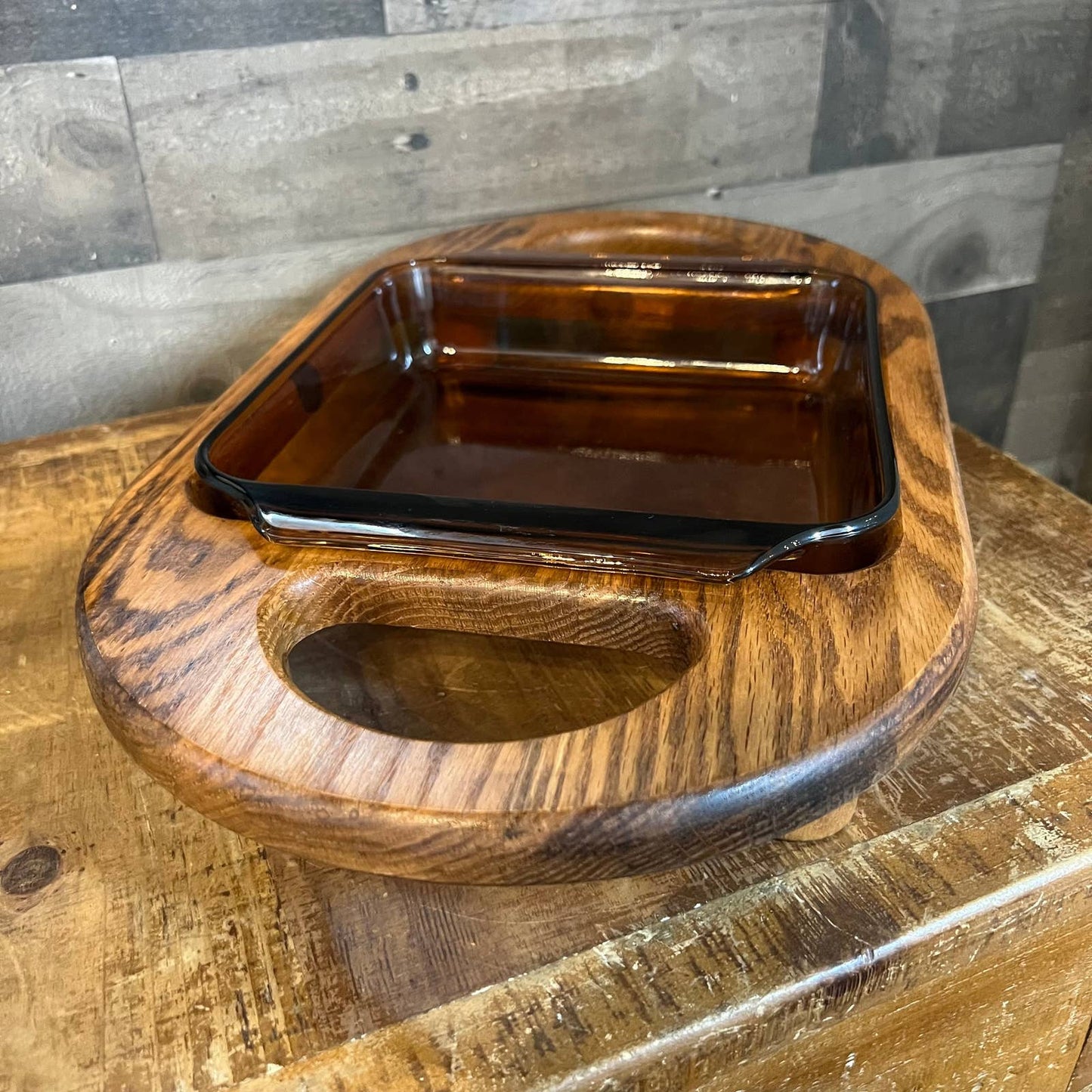 Anchor Hocking brown glass dish with wooden handled server