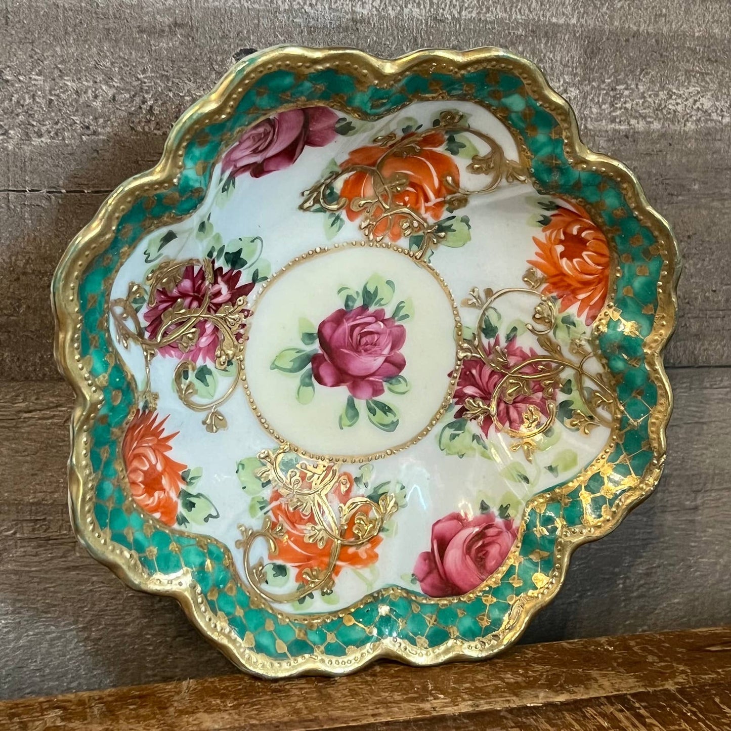 Vintage Japanese floral scallop rim trinket dish