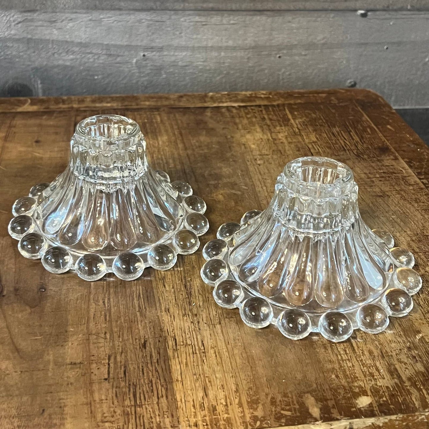 Anchor Hocking clear glass bubble rim candlestick holder pair