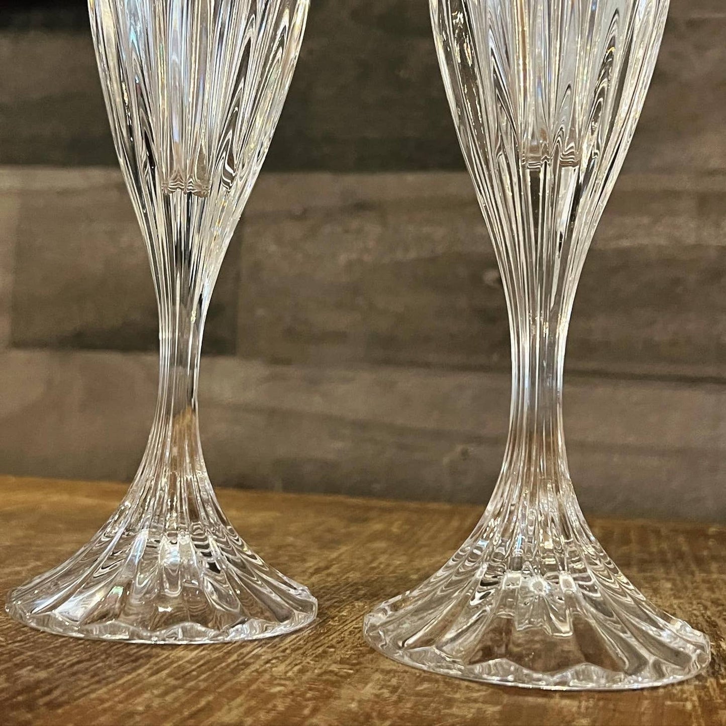 Pair of Mikasa crystal Park Lane faceted short stem heavy champagne fluted glasses - elegant glasses - bar glasses - bar cart glasses