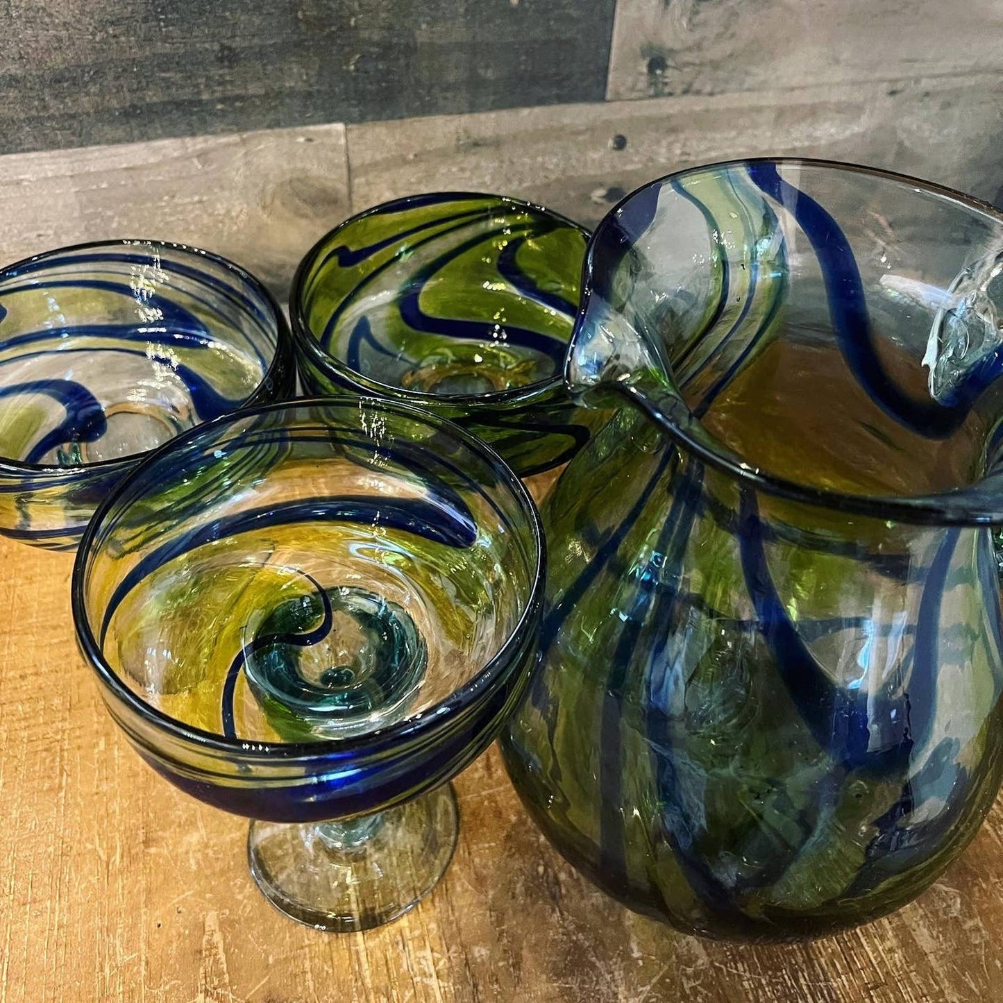 Vintage hand blown glasses and pitcher set - 3 glasses and pitcher