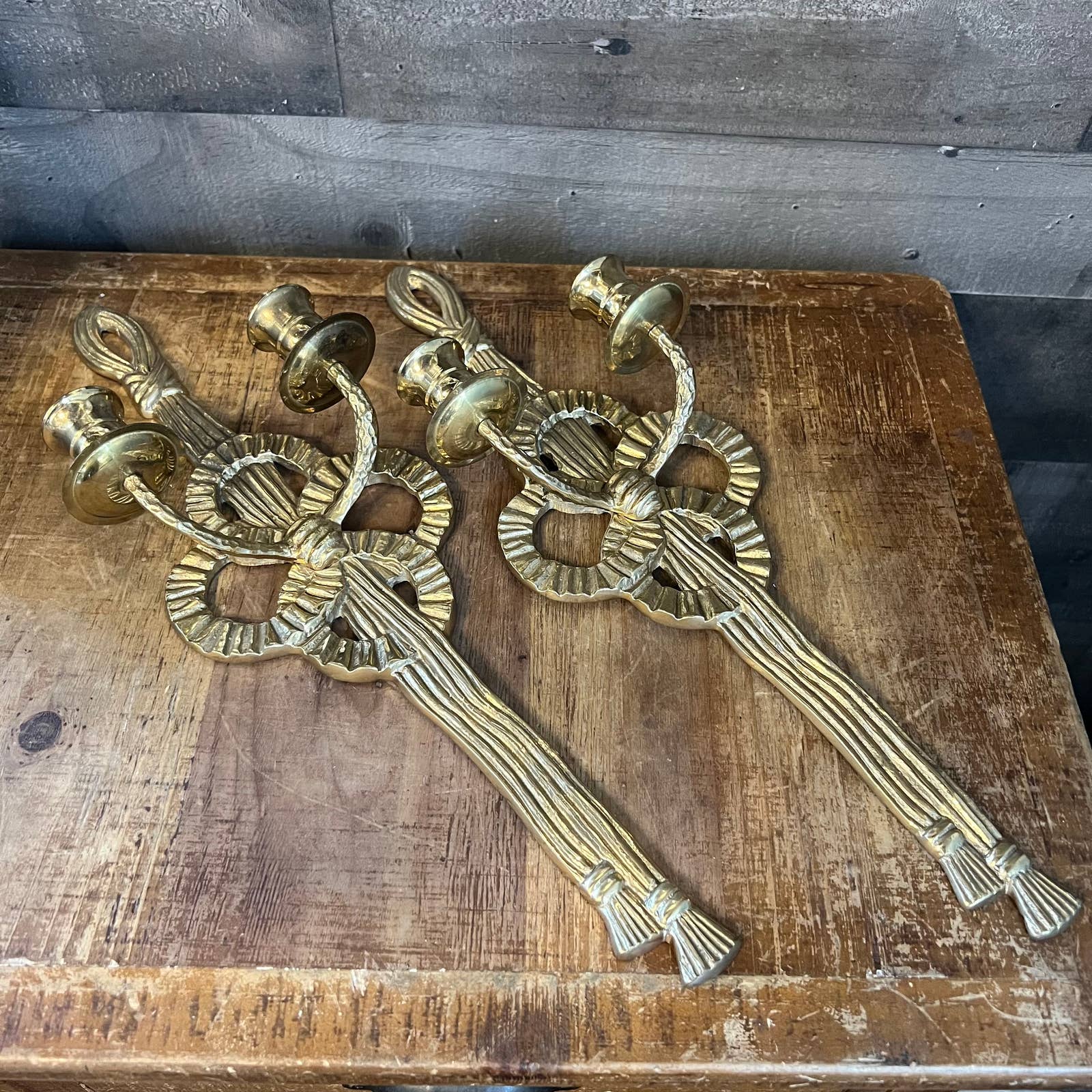 Vintage brass bow ribbon tassel wall sconces - pair