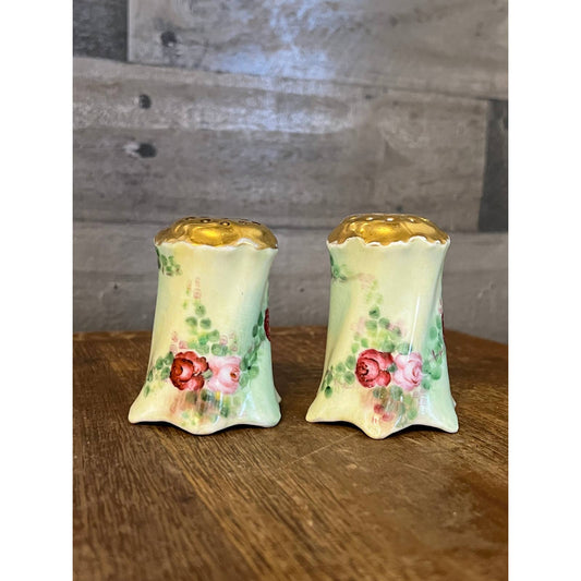 Vintage pink rose floral hand painted Versailles Bavaria salt and pepper shakers - green pink gold porcelain shakers