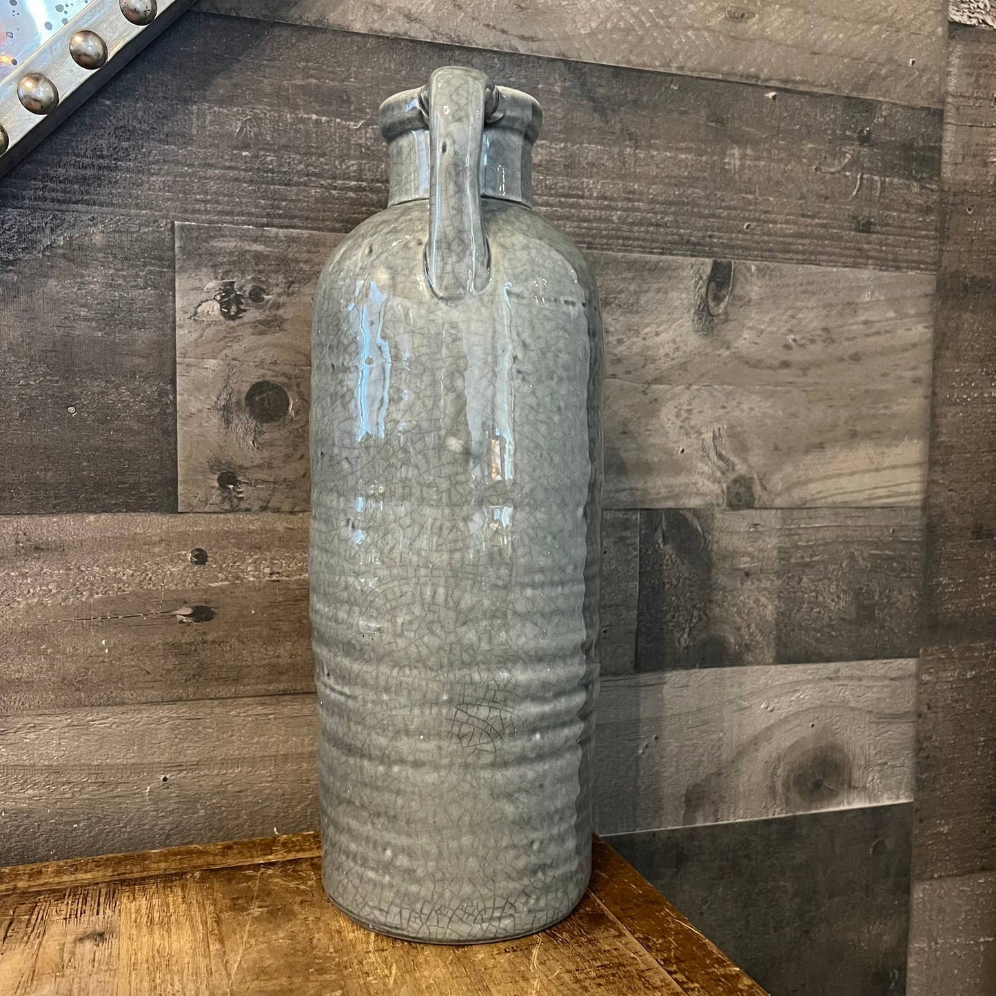 Grey crackle glaze handled jug vase