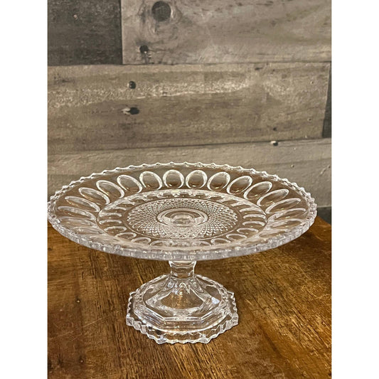 Clear glass thumbprint diamond point pattern round pedestal cake stand - fruit stand - dessert stand