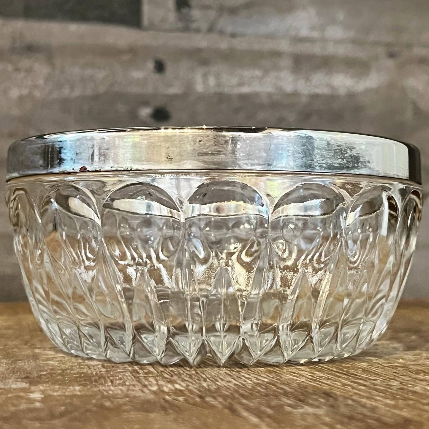 Petite crystal bowl with aged patina silver plated rim / stainless / chrome colored rim - trinket dish - soap dish - jewelry dish - elegant