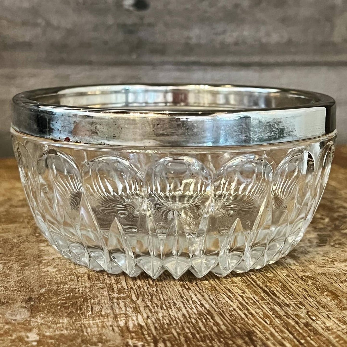 Petite crystal bowl with aged patina silver plated rim / stainless / chrome colored rim - trinket dish - soap dish - jewelry dish - elegant