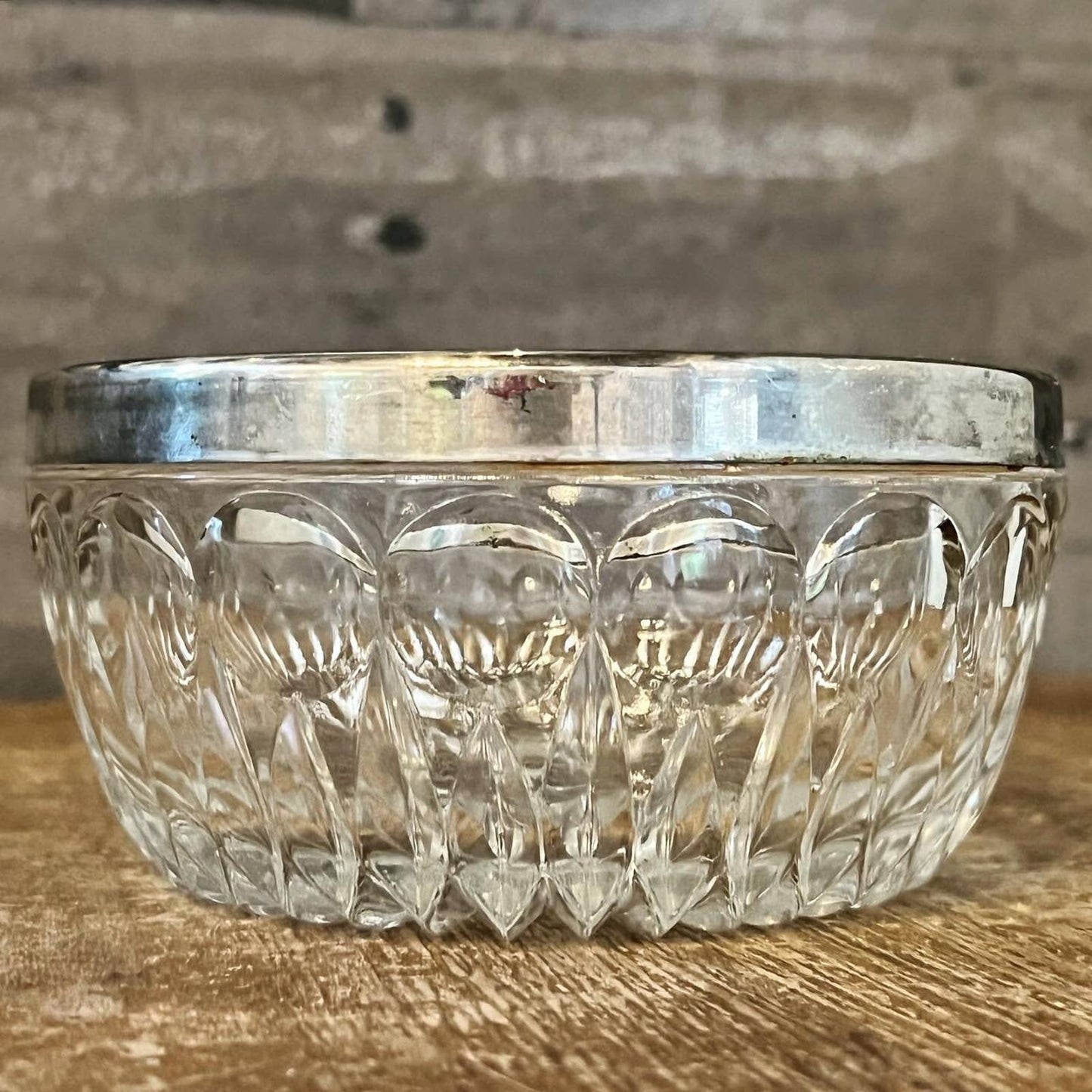 Petite crystal bowl with aged patina silver plated rim / stainless / chrome colored rim - trinket dish - soap dish - jewelry dish - elegant