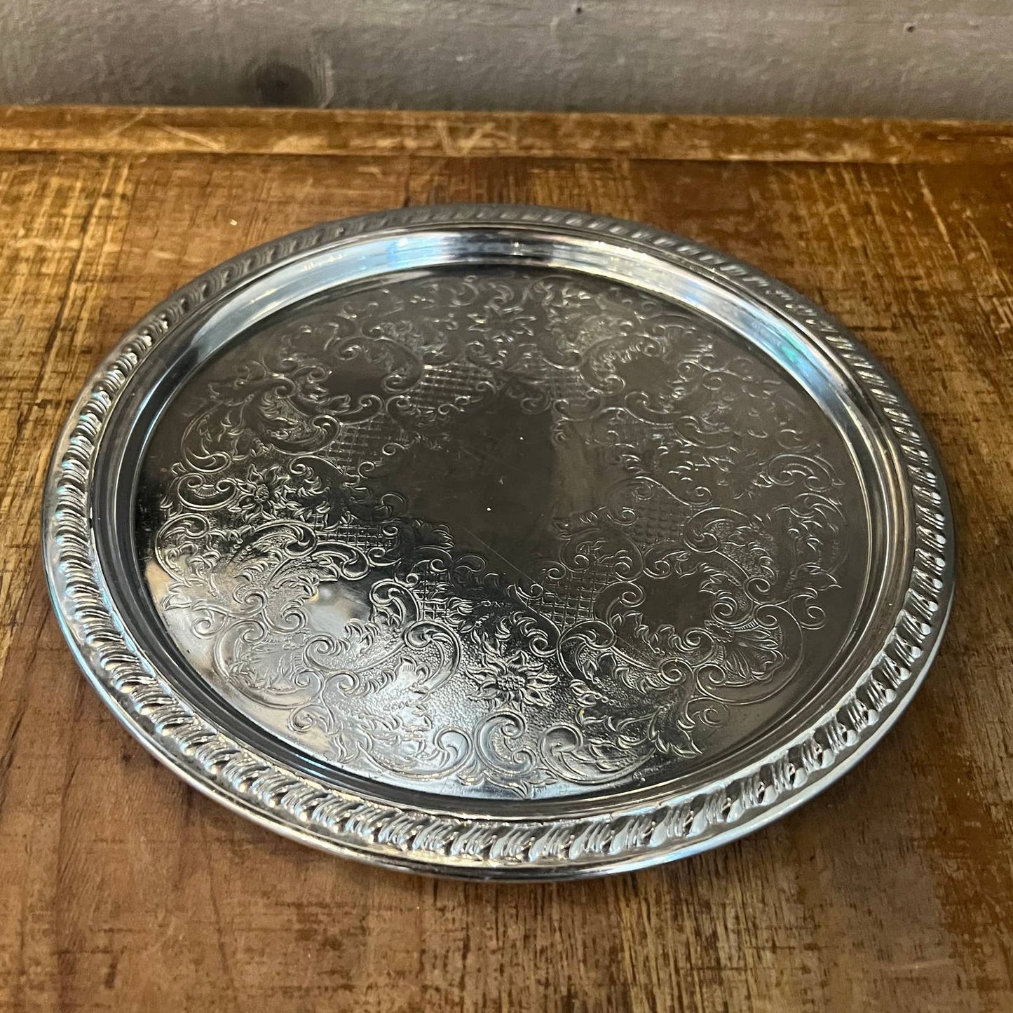 Vintage Sheridan chrome round filigree petite tray