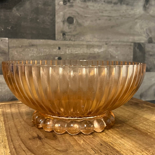 Vintage pink depression glass scallop rim ribbed bowl with footed bubble base