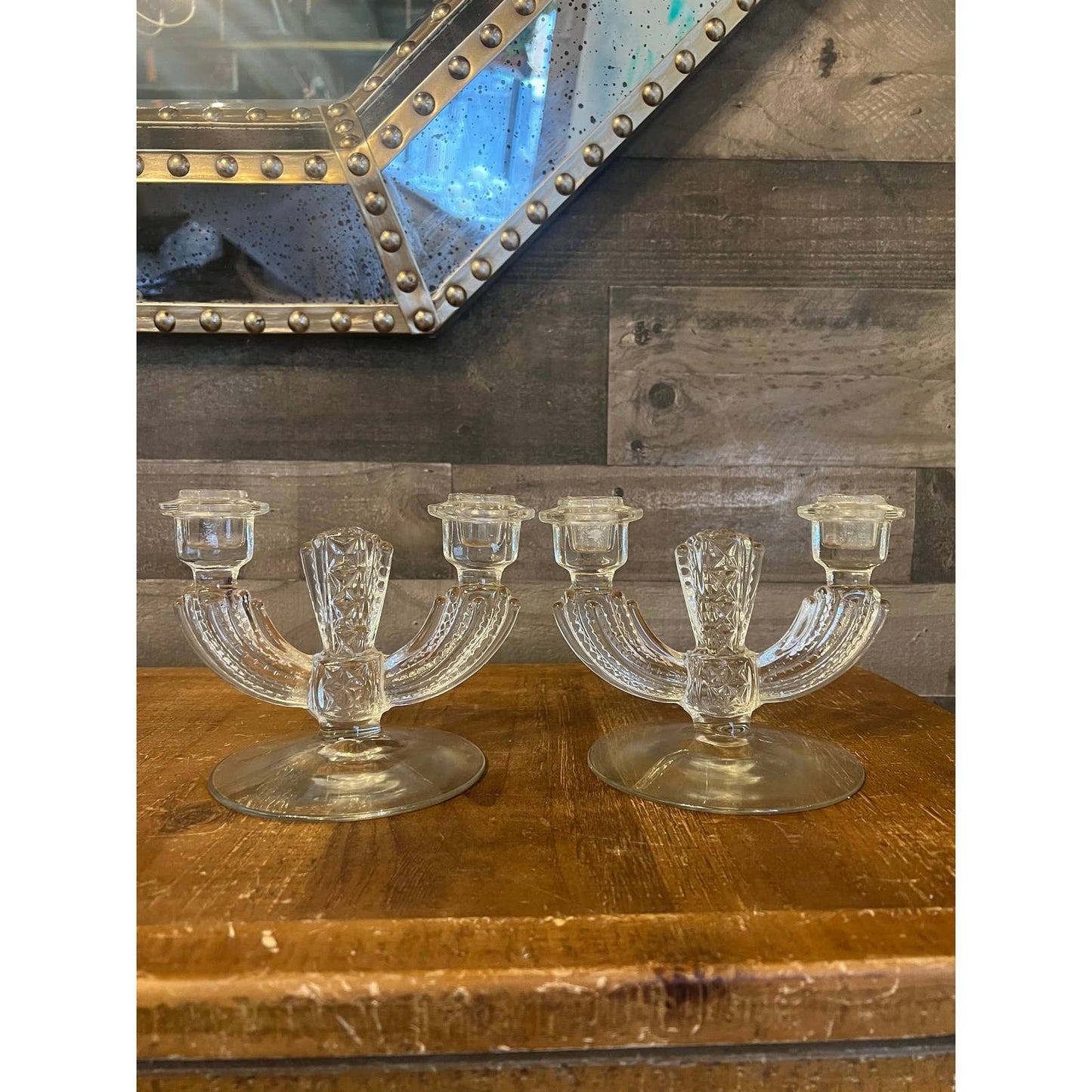 Vintage pair of TIFFIN depression glass candlestick holders - candelabras