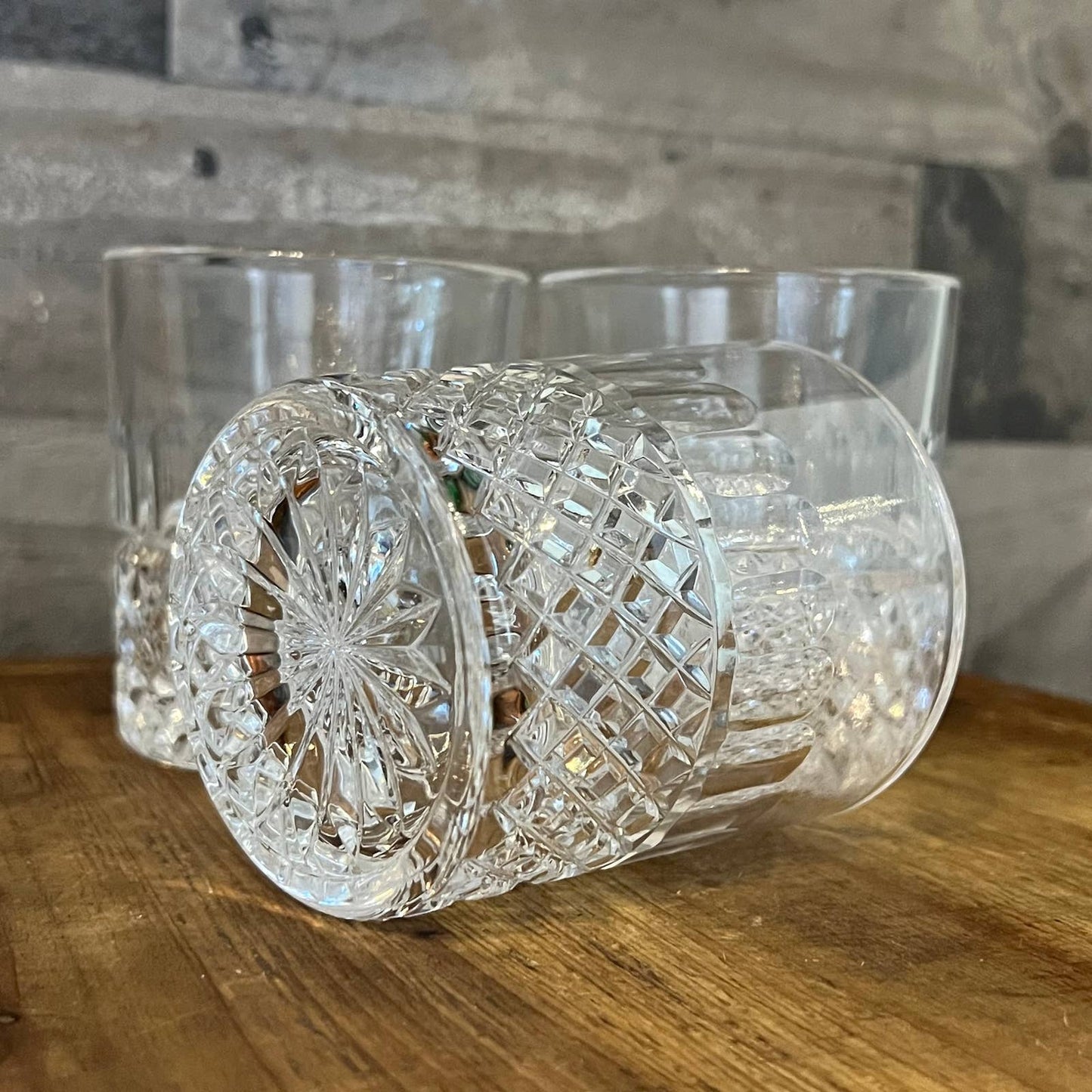 Crystal diamond point thumbprint pattern double old fashioned whiskey rocks glasses - set of 3