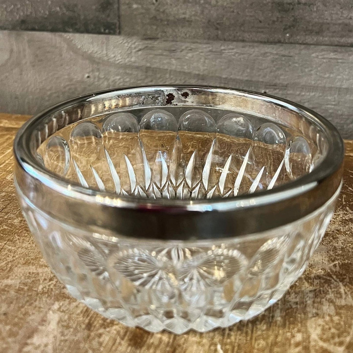 Petite crystal bowl with aged patina silver plated rim / stainless / chrome colored rim - trinket dish - soap dish - jewelry dish - elegant