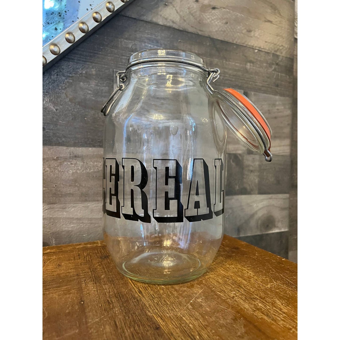 Large Vintage Clear Glass Typography Cereal Jar - Triomphe 3L Cereal Jar