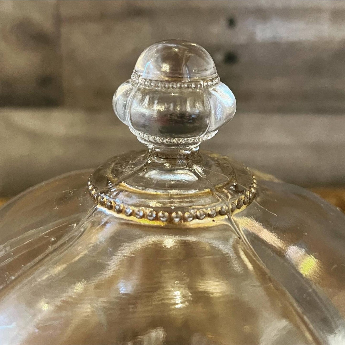 Vintage Victorian style footed clear glass and gold butter dome