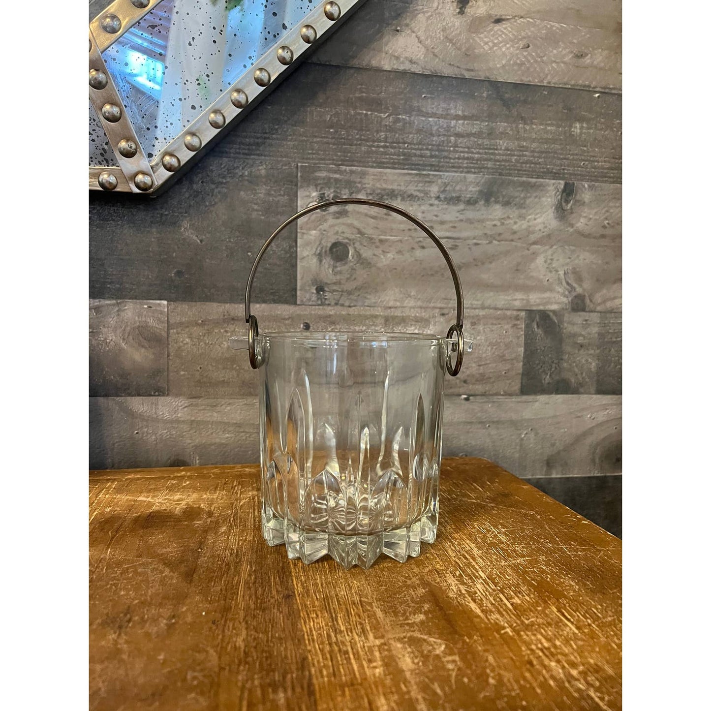 Vintage Italian thick cut Mikasa crystal ice bucket with aged metal handle