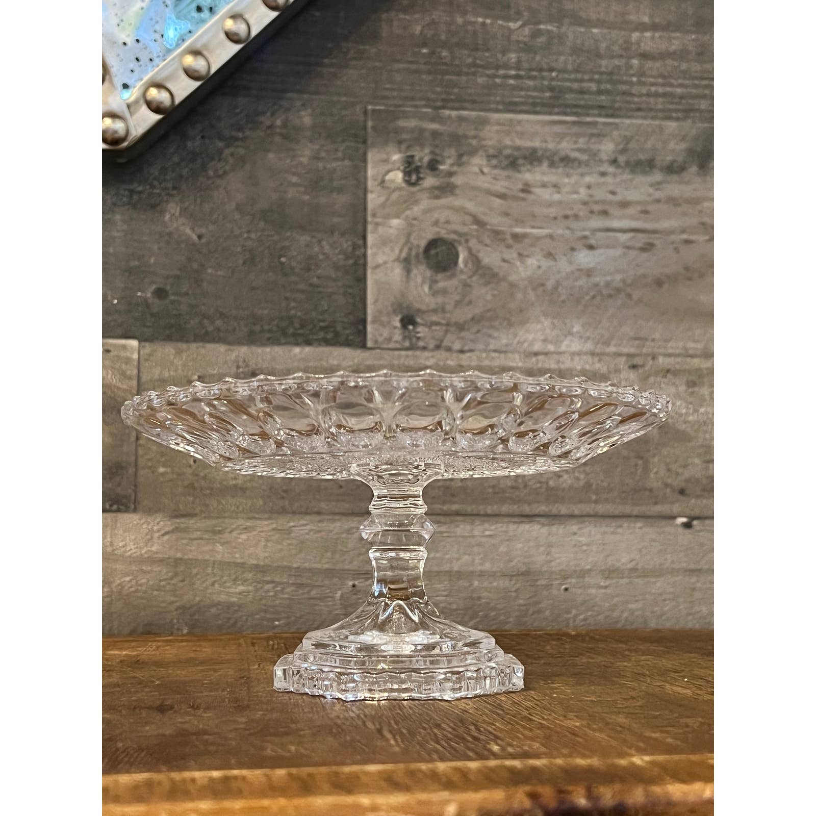 Clear glass thumbprint diamond point pattern round pedestal cake stand THE ANTIQUE YARD