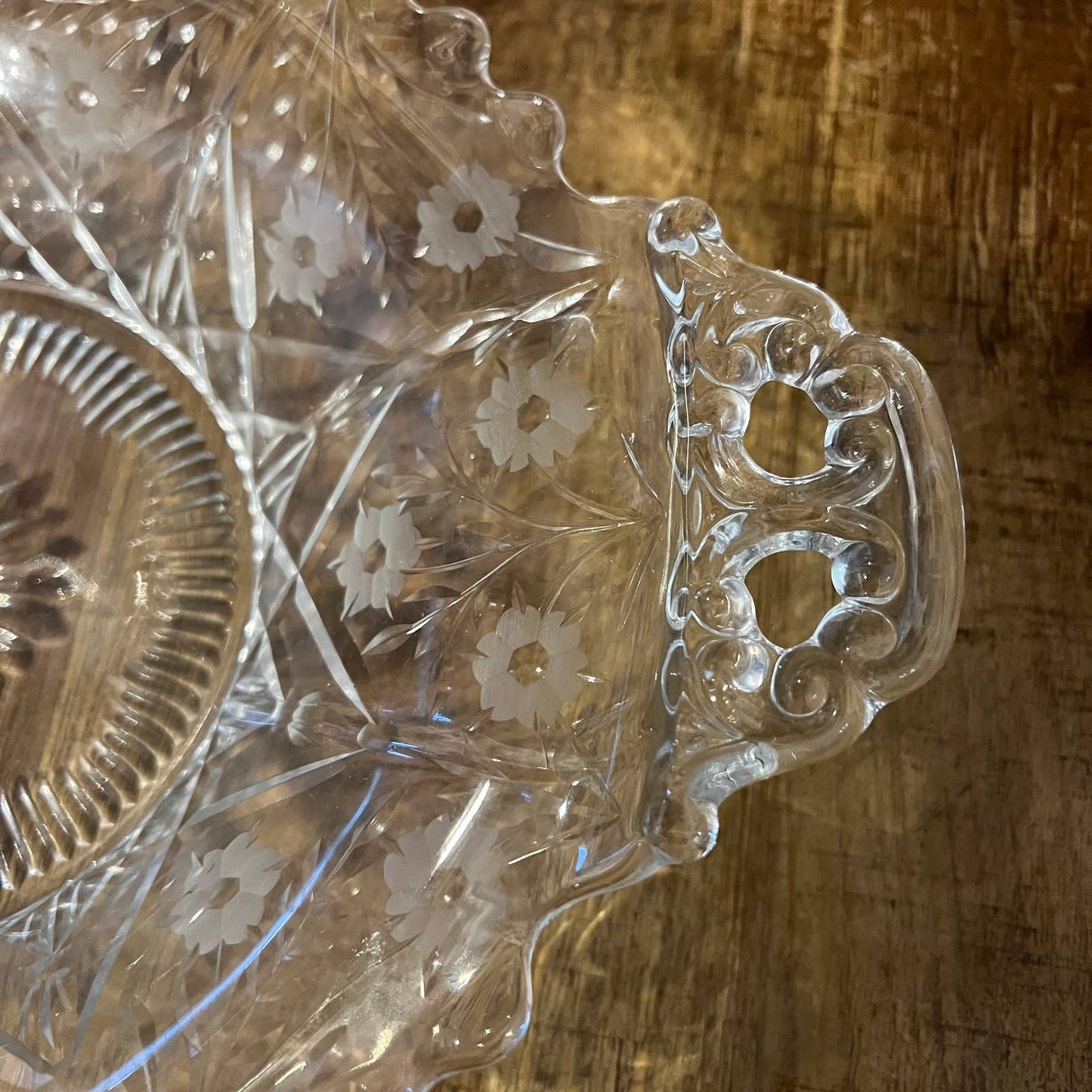 Vintage crystal scallop rim floral etched handled bowl