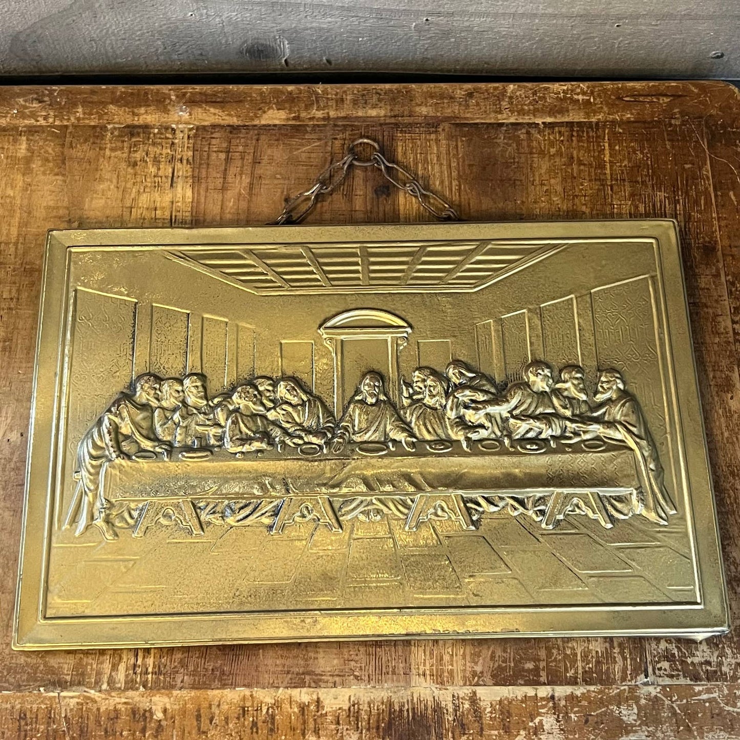 Vintage The Last Supper brass and wood plaque