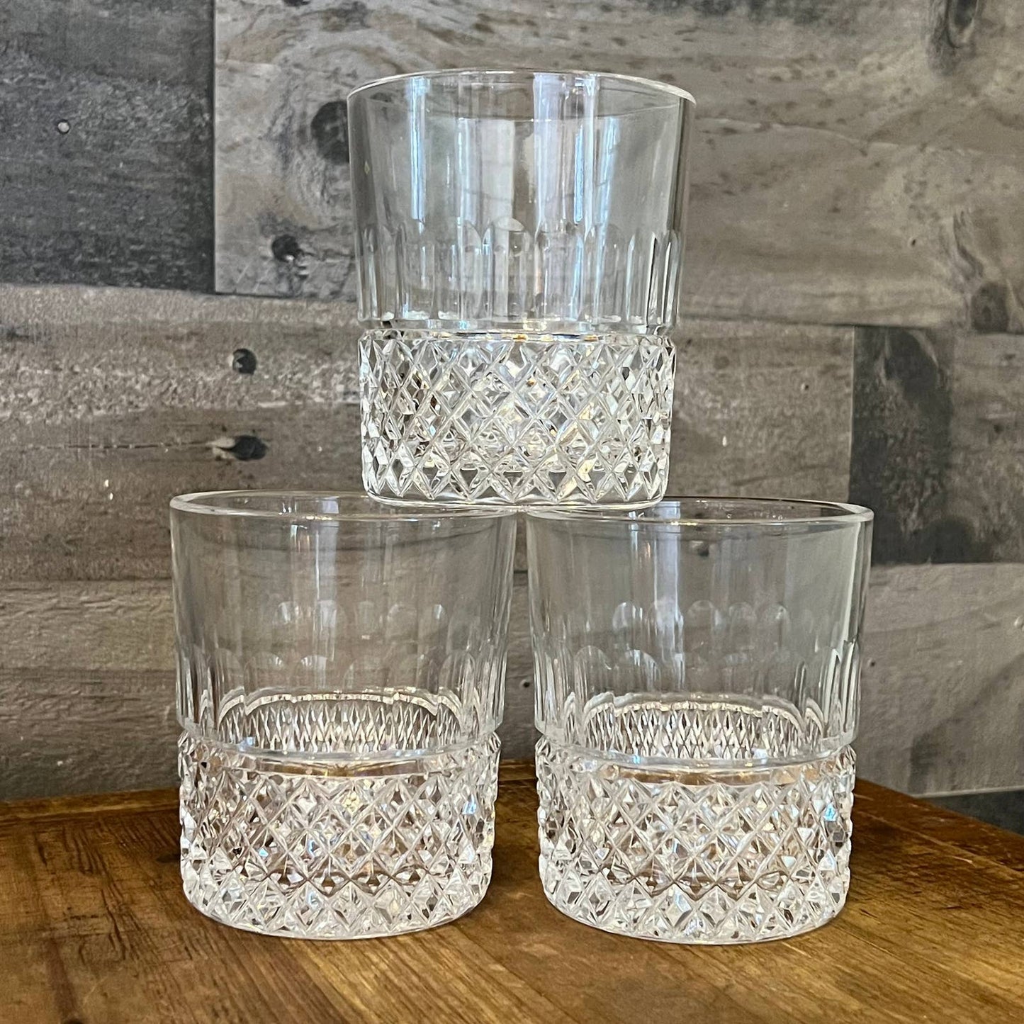 Crystal diamond point thumbprint pattern double old fashioned whiskey rocks glasses - set of 3