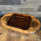 Anchor Hocking brown glass dish with wooden handled server