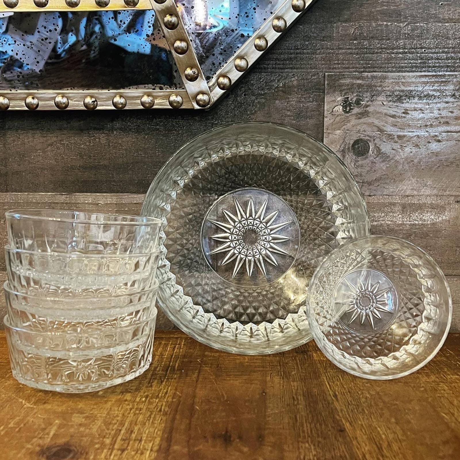 6 Vintage Arcoroc shops Crystal Bowls w/ Serving Bowl, StarBurst Pattern France & USA