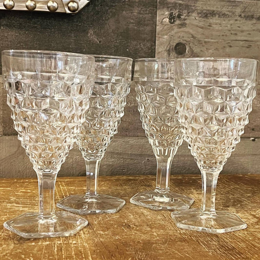 Set of 4 Fostoria American Clear glass water goblets - vintage glasses - bar glasses - cocktail glasses - bar cart glasses - stem 2056