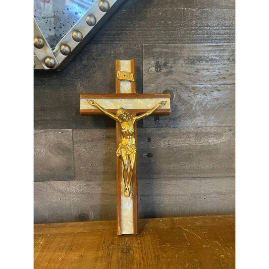 Vintage wooden pearlescent cross Jesus crucifix