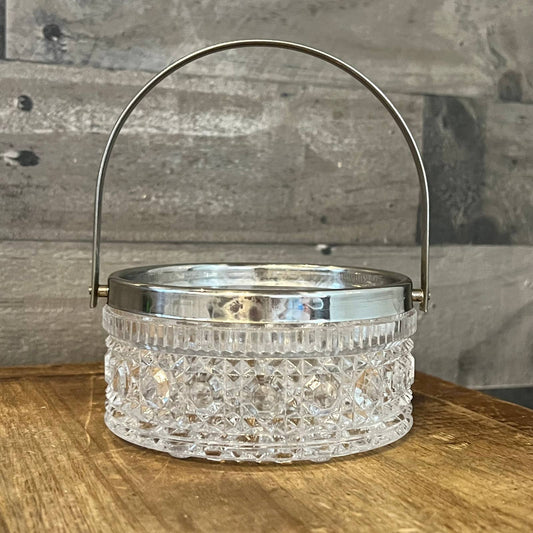 Vintage pressed glass crystal basket with silverplated rim and handle