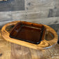 Anchor Hocking brown glass dish with wooden handled server