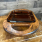 Anchor Hocking brown glass dish with wooden handled server