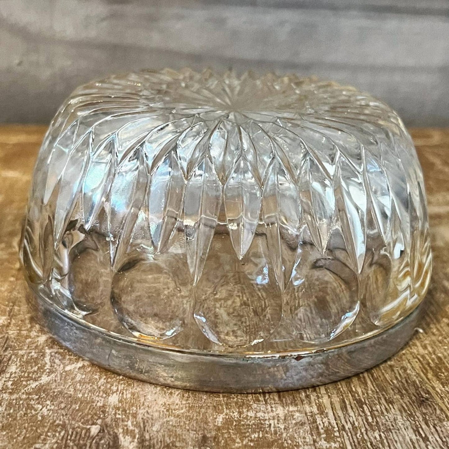 Petite crystal bowl with aged patina silver plated rim / stainless / chrome colored rim - trinket dish - soap dish - jewelry dish - elegant