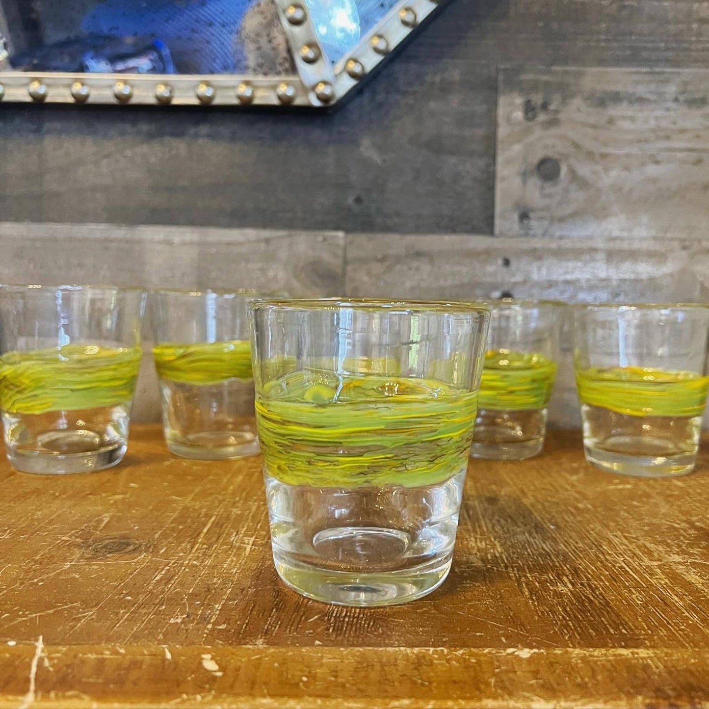 Handblown handcrafted Mexico artisan glass green ribbon striped tumblers - set of 6