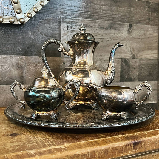 Vintage WM A Rogers by Oneida LTD Silversmiths silverplated tea set - teapot, sugar bowl and lid, creamer, round tray