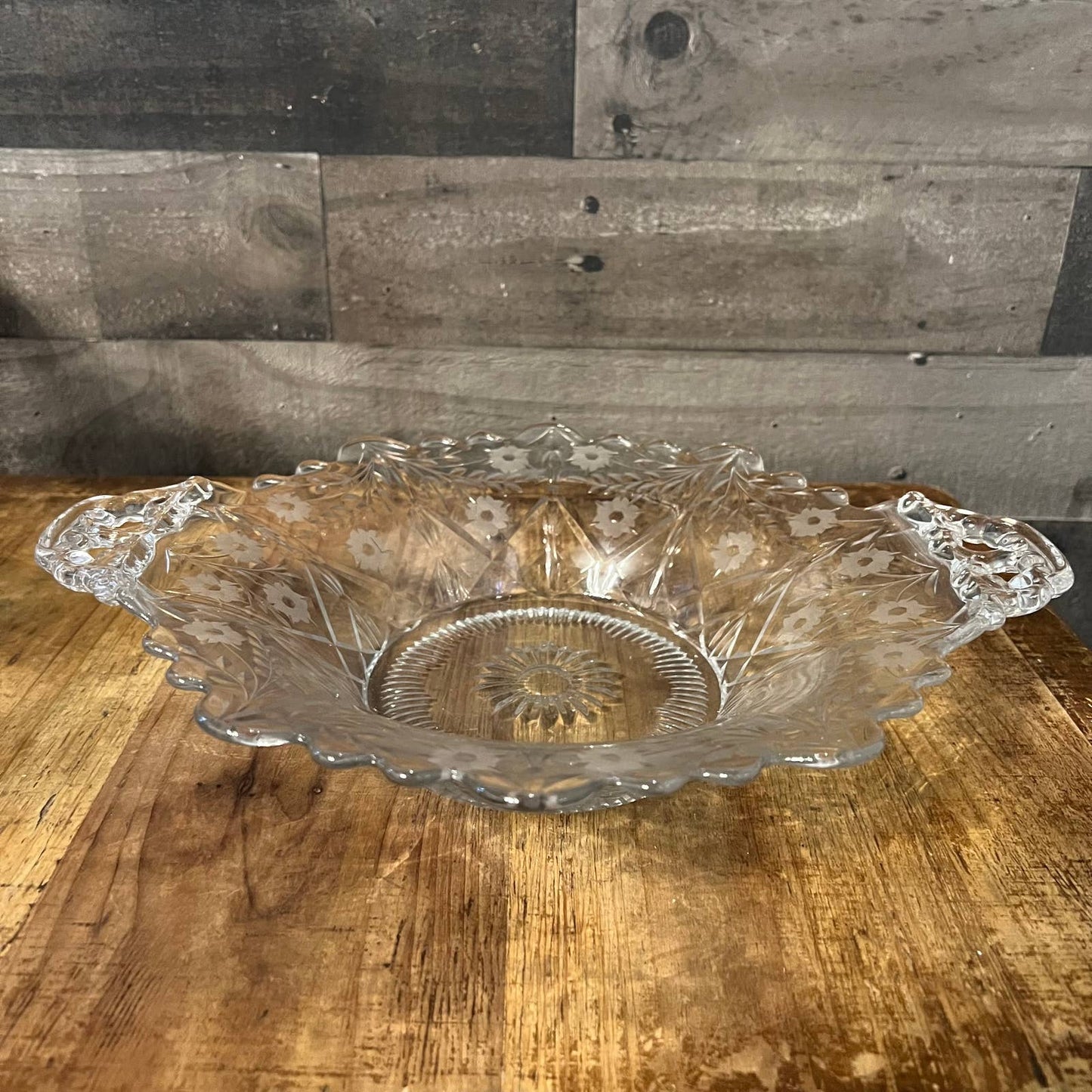 Vintage crystal scallop rim floral etched handled bowl