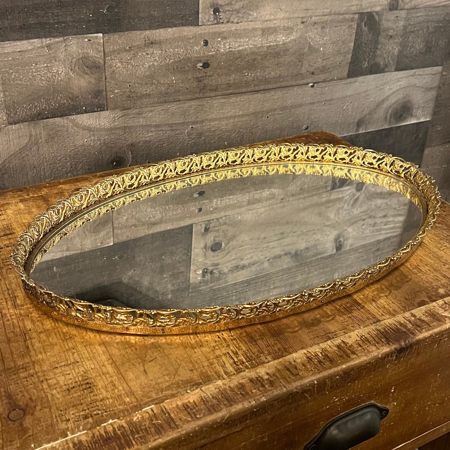 Vintage Gold Tone Rim Mirrored Oval Vanity Tray