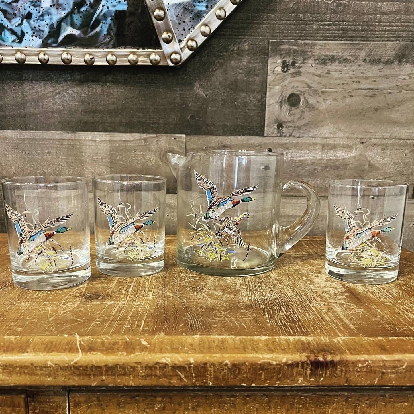 Set of 3 glass duck glasses and glass duck handled pitcher - artist signed Morgan - lake house glasses - cabin / camp glasses - bar glasses