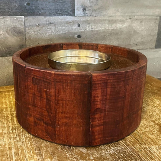 Large cylinder wooden candle riser with brass pillar candle holder