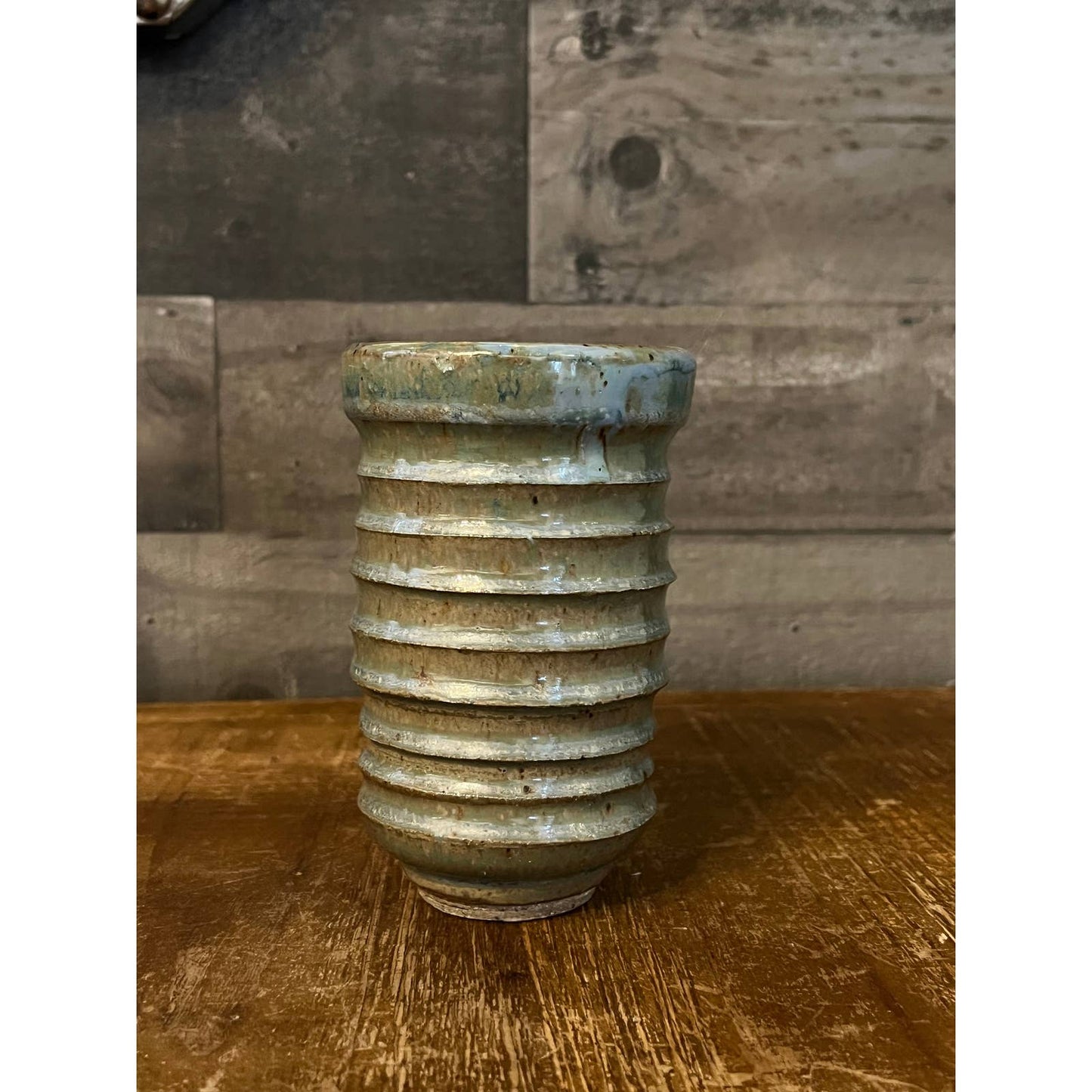 Light blue glaze pottery clay vase - ridged vessel