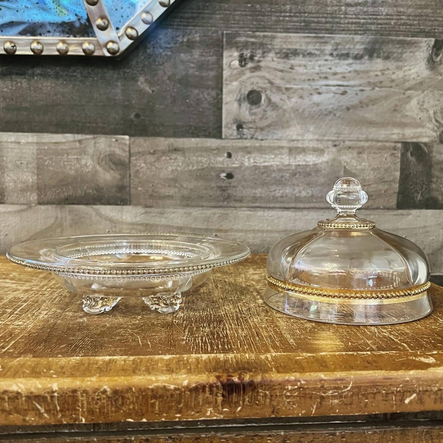 Vintage Victorian style footed clear glass and gold butter dome