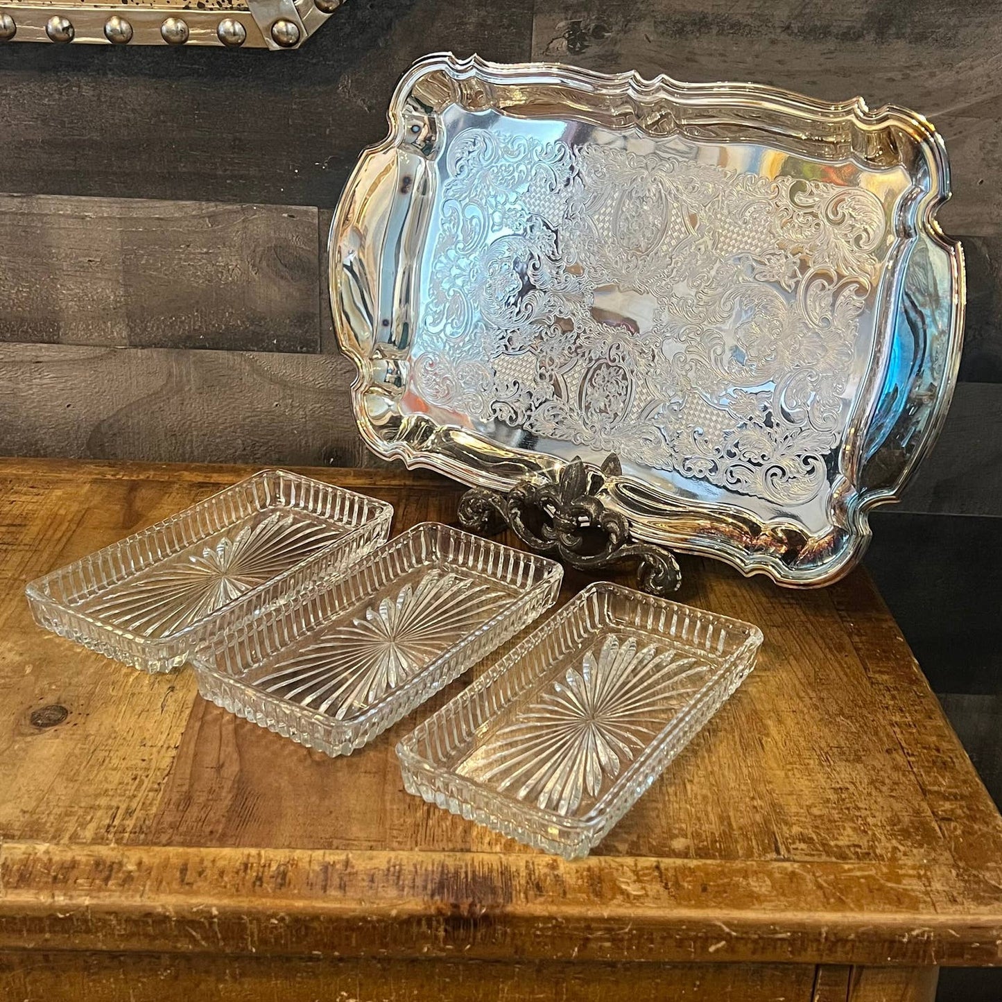 Oneida Silverplated and Crystal Dish Chippendale Relish Tray