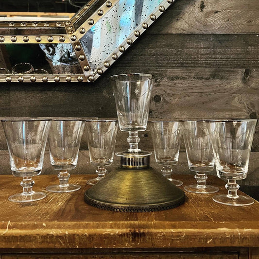 MCM platinum rim atomic starburst etched vintage short stem glass goblets set of 7 - star etched glasses - chrome rim glasses