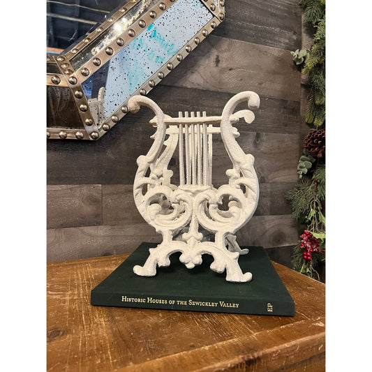 Vintage white lyre harp book stand