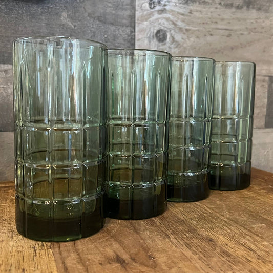 Vintage Anchor Hocking tall dark green tartan glasses - set of 4