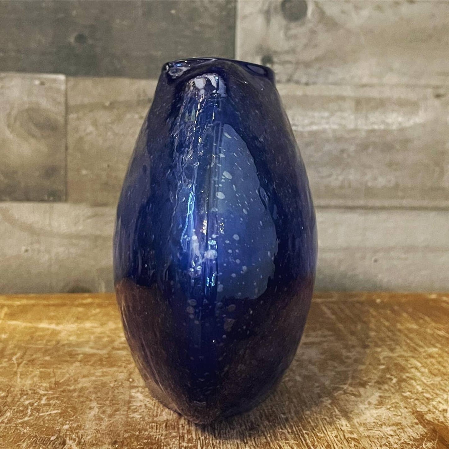 Cobalt blue glass blown donut hole oval vase