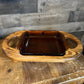 Anchor Hocking brown glass dish with wooden handled server