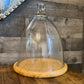 Tall glass dome with round wood serving board