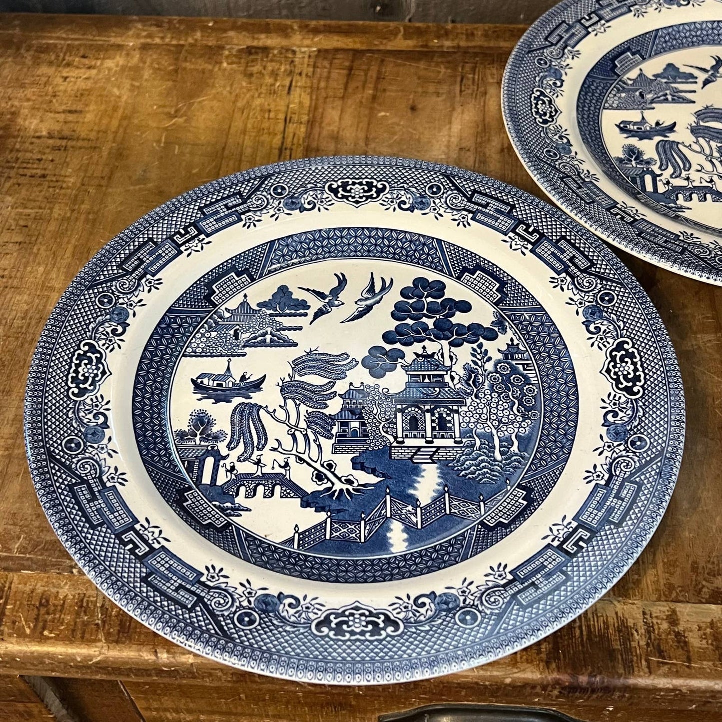 Vintage Churchill England Willow blue and white large dinner plates - pair